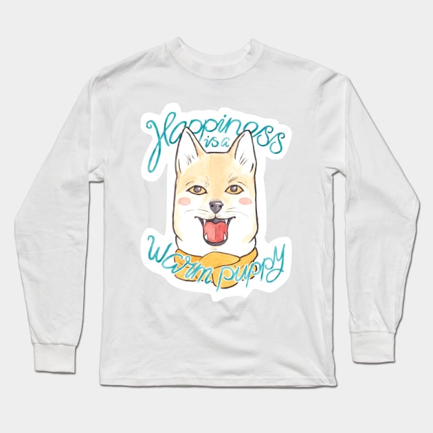 Happiness is a Warm Puppy // Shiba Inu Puppy in a Scarf Long Sleeve T-Shirt by arosecast